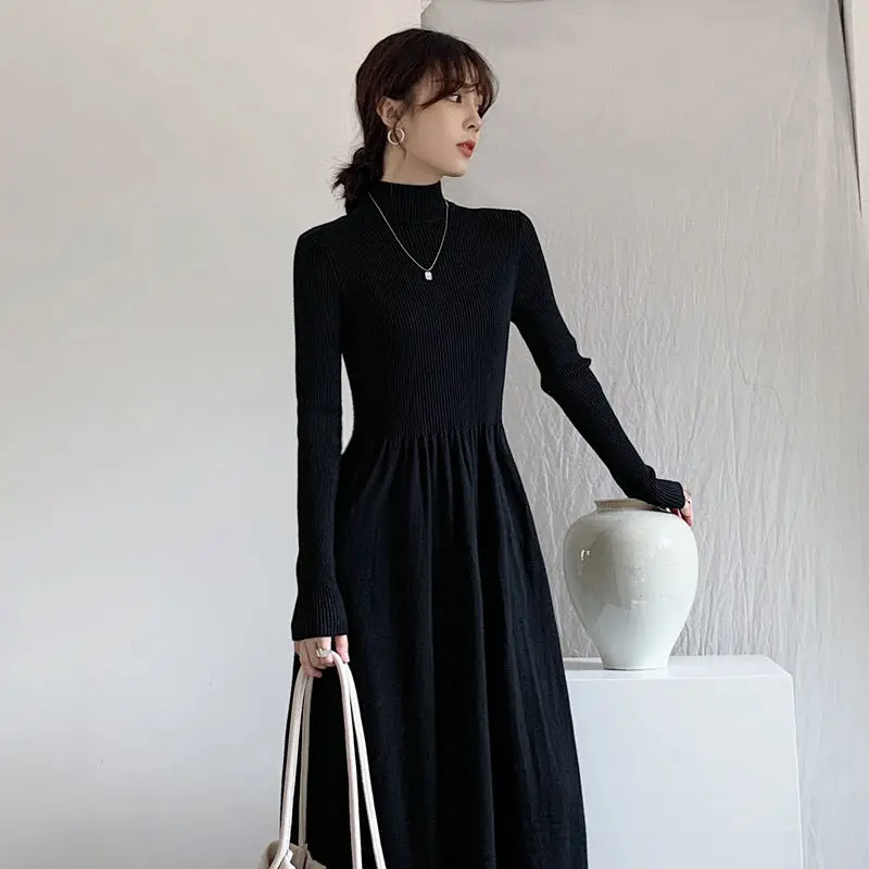 

Luxury Design Retro Black Knee Length Knitted Dresses With Underlay Children's Autumn And Winter Fashion Small Black Dress