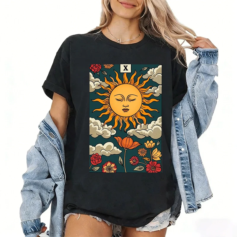 Фото Рубашка Таро Райдер-Велика, женская футболка Mujer Camisa, карта загадочного созвездия, лунная звезда, футболка с изображением королевы Таро №5