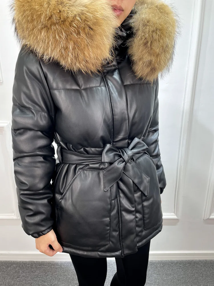 2023 Winter Women Pu Leather Jacket Lagabogy Large Real Fur Hooded Warm Waterproof Coat Outwear Female Short Slim Belt Parkas