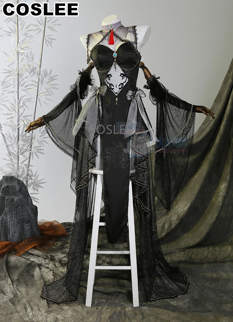 COSLEE Game Genshin Impact Shenhe Косплей Костюм Черное свадебное платье Хэллоуин Карнавальный