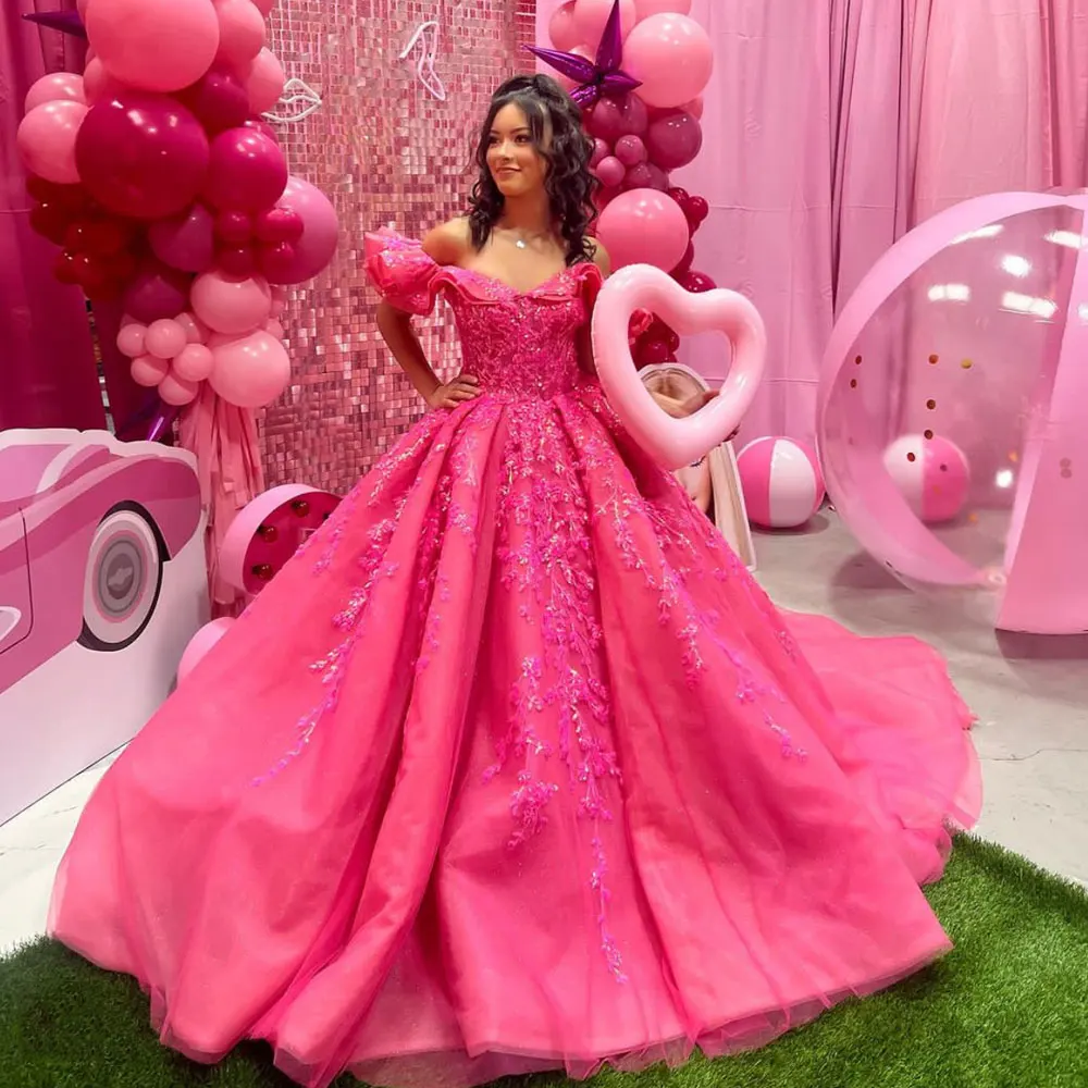 

Luxury Pink Princess Quinceanera Dresses 2024 Flowers Ball Gown Sweet 16 Dress Layers Vestidos De 15 Anos 16th Birthday Party