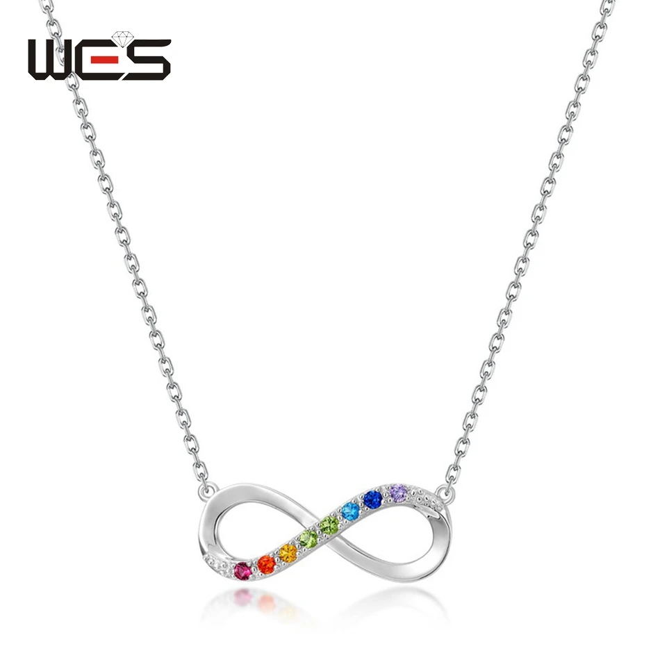 

WES 925 Sterling Silver Necklace for Women Rainbow Colorful Zicron Heart Lovely Party Wedding Engagement Gifts Fine Jewelry