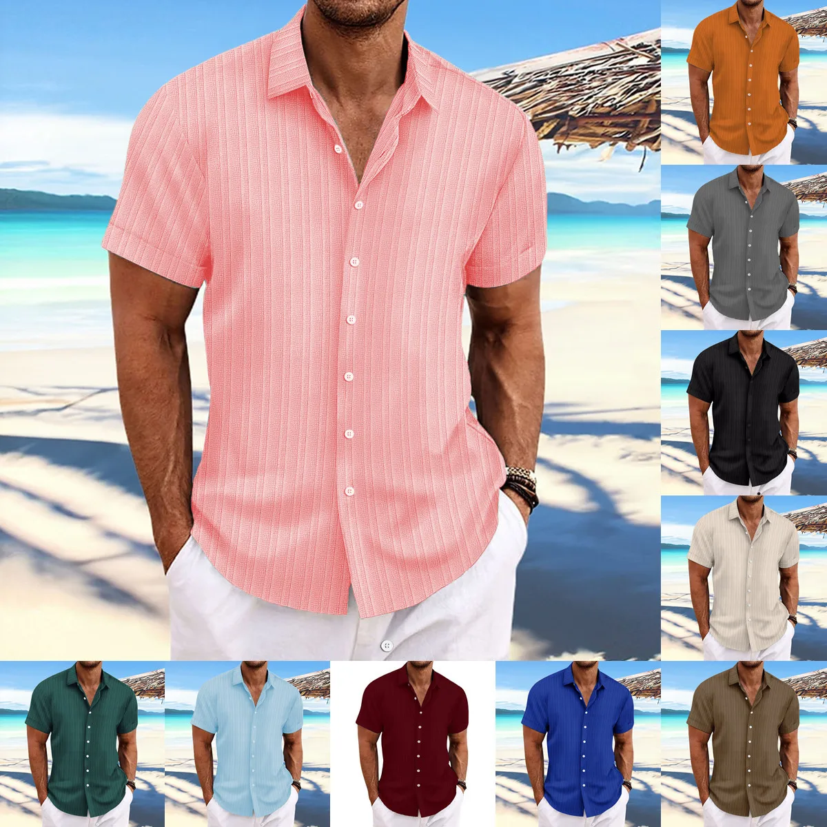 

2023 men's summer new cotton and linen stripes casual loose short-sleeved shirt