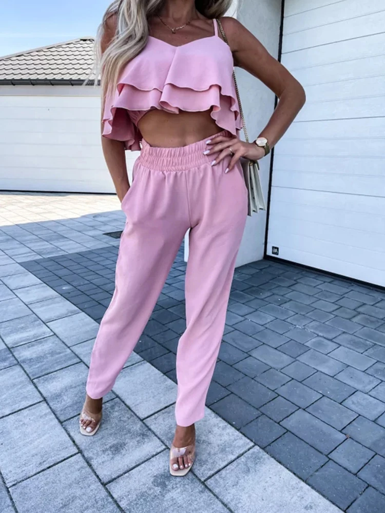 

Fashion Club Ruffled Solid Suit Summer Pocket Elastic Waist Outfit Sexy Suspenders Crop Top + Harem Pants Casual Two Piece Sets