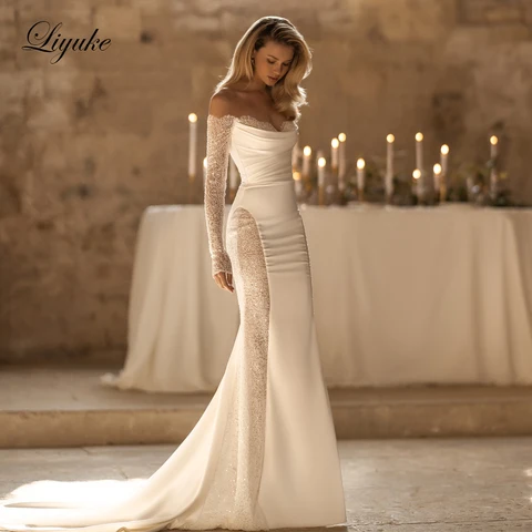 Элегантное милое платье Liyuke с уникальным кружевом с открытыми плечами и длинными рукавами, свадебные платья со складками