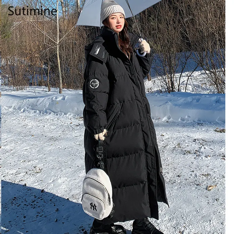 Winter Coat Women Office Lady Pockets Women Cotton Padded Jacket Over Knee Loose Thickened Down Zipper Hooded Coat Women