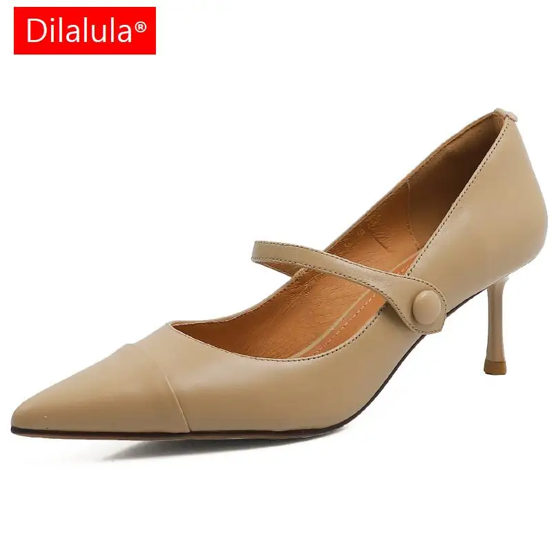 

Dilalula Spring Summer Vintage Elegant Women Pumps Genuine Leather Pointed Toe Thin Heels Mary Janes Shoes Woman Office Party