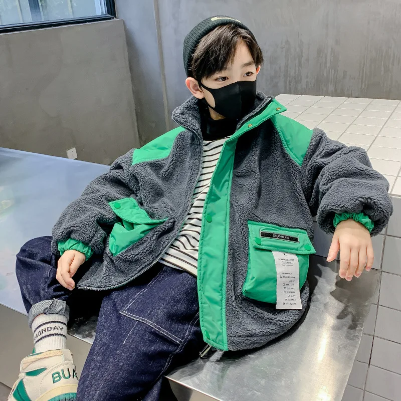 

Winter Coats 2022 Boys Clothing Jackets Parka Clothes Medium Long Coat Windbreaker Plaid Thicken Lamb Children Woolen Casual