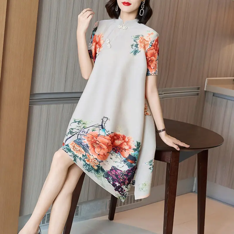 

Folding dress female 2022 summer new Chinese atmosphere cheongsam plate buckle peony flowers short sleeve dress female tops