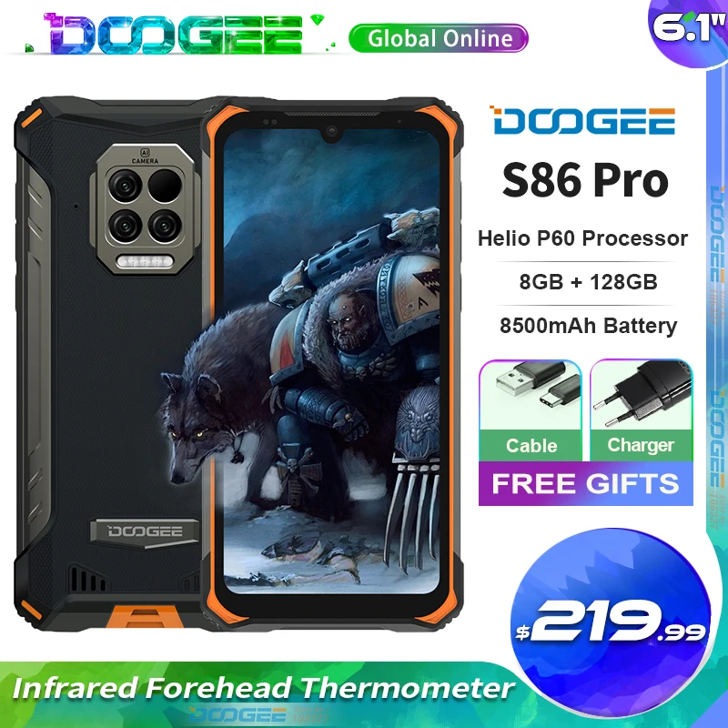 

Doogee S86 Pro IP68 Rugged Smartphone 8500mAh 6.1'' 8GB+128GB Helio P60 Global Bands Triple Camera Thermometer Mobile Phone