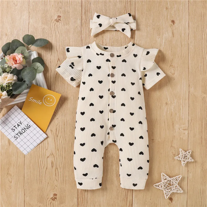 

Hibobi Baby Girl Heart-shaped Print Ribbed Jumpsuit & Headband