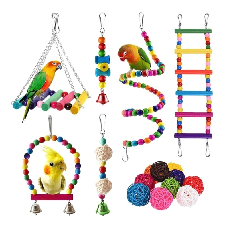 

Lovebirds Budgies Cage Perch Stand Set Ladder Swing Climbing Wooden Bridge