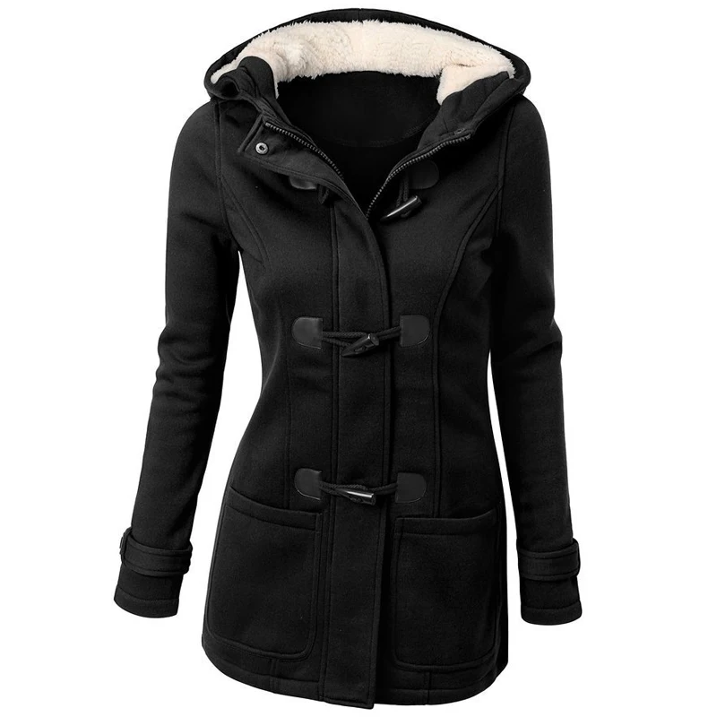 Vangull Black Hooded Jacket Women Horn Button Long Sleeve Coat Female Casual Zipper Parka Autumn Winter Warm Soft Ladies Coat
