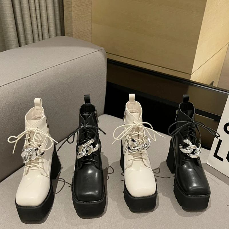 

New British Thick Bottom Round Head Super High Thick Heel Patent Leather Lace Up Large Size 35-40 Short Boots Women