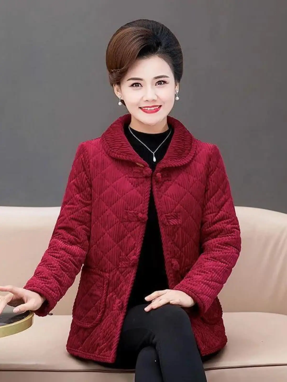 Middle-Aged and Elderly Middle-aged Women Dress Winter New Corduroy Buckle Cotton-Padded Coat Fleece-lined Long sleeve Outerw...