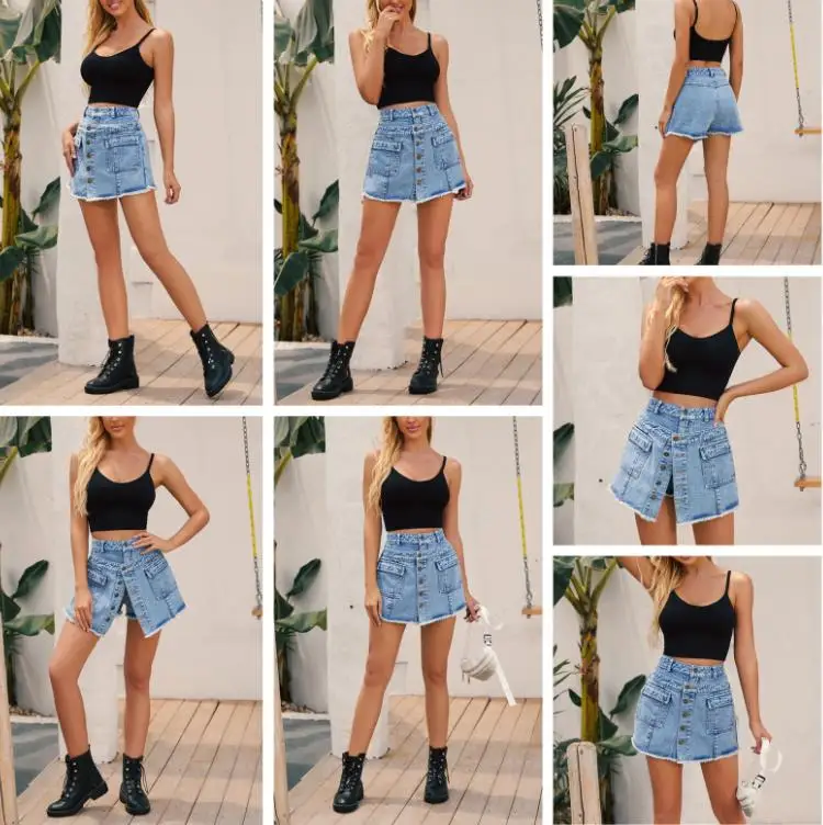 

Summer Women 2021 Sexy High Waisted blue Button Shorts Summer streetwear Solid Color Flap Pocket Belt Loop Culottes Adult shorts