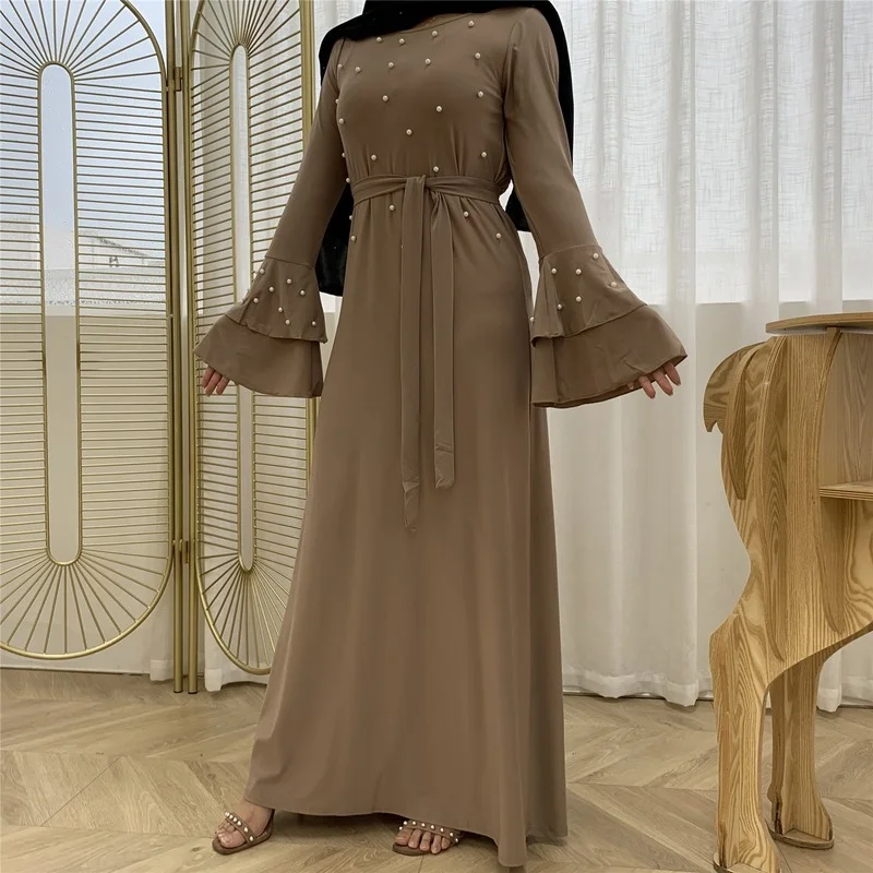 Мусульманское платье для женщин, мусульманский модный хиджаб, длинные платья для женщин с поясом, однотонная одежда в мусульманском стиле, ...