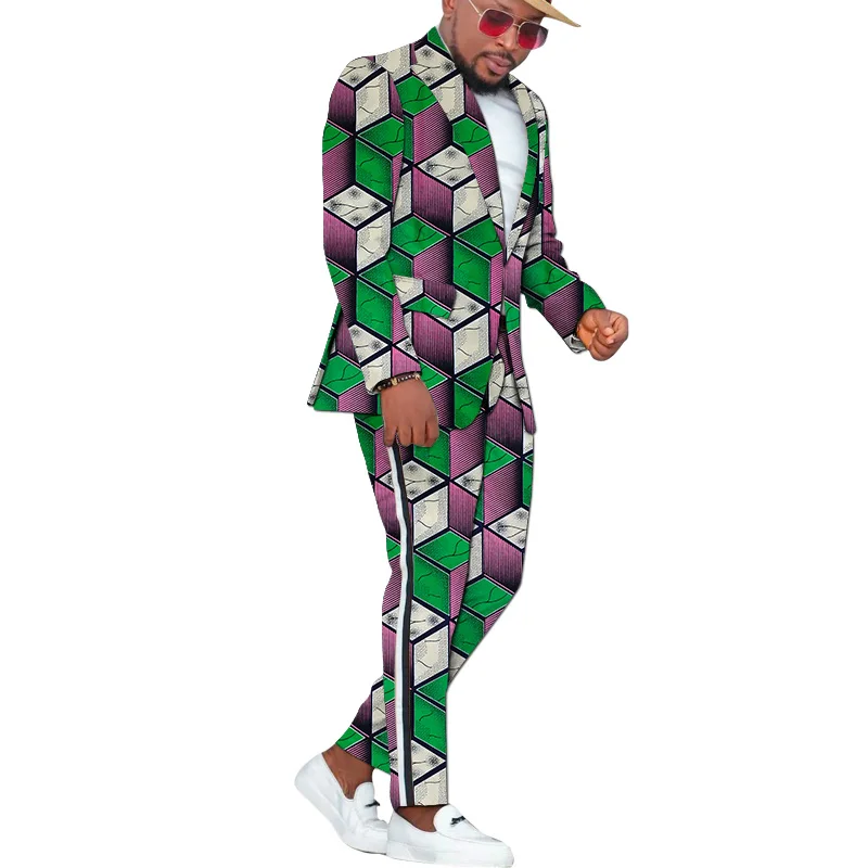 Nigerian Fashion Wax Print Men's Blazers+Trousers Modern Design African Wedding Garments Colorful Striped Pant Suits