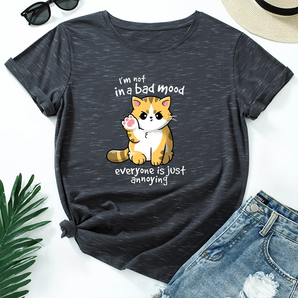 

Women T-Shirts Cotton Short Sleeve Graphic Tees Female Shirt Summer Tops Funny Animal Cat Printed I'm Not In A Bad Mood Tee