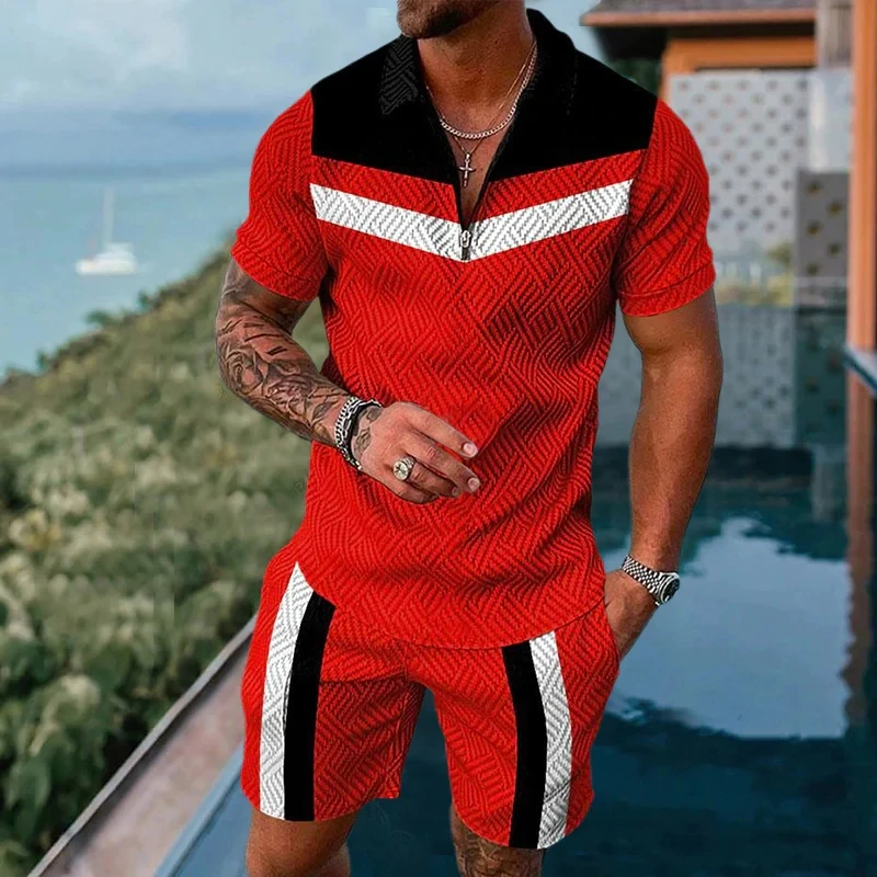 Summer Men's Luxury Polo T-shirts Shorts 2 Pices Set Fashionable Sports Suits Vintage Striped Printed Men's Casual Sportwear