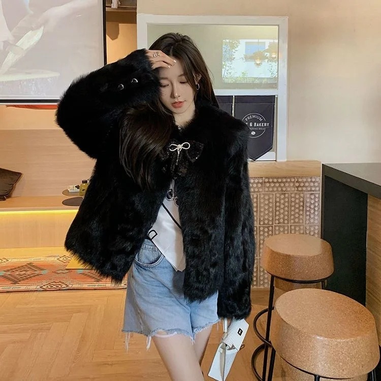 2023 Autumn Women Winter New Genuine Lamb Fur Jackets Female Short Bow Warm Outerwear Ladies Solid Color Real Fur Overcoats Q41