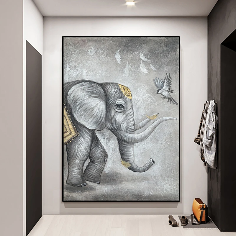 

Magpie Auspicious Elephant 100% Hand Painted Oil Painting Wall Art For Home Living Room Handmade Restaurant Entrance Sofa