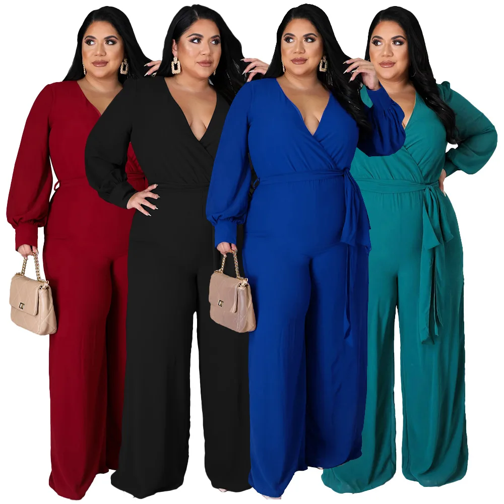 Fashion Large Size Loose Jumpsuit Women Solid V Neck Straight Trousers Long Sleeve Sexy African Clothing 2022 Spring Autumn New