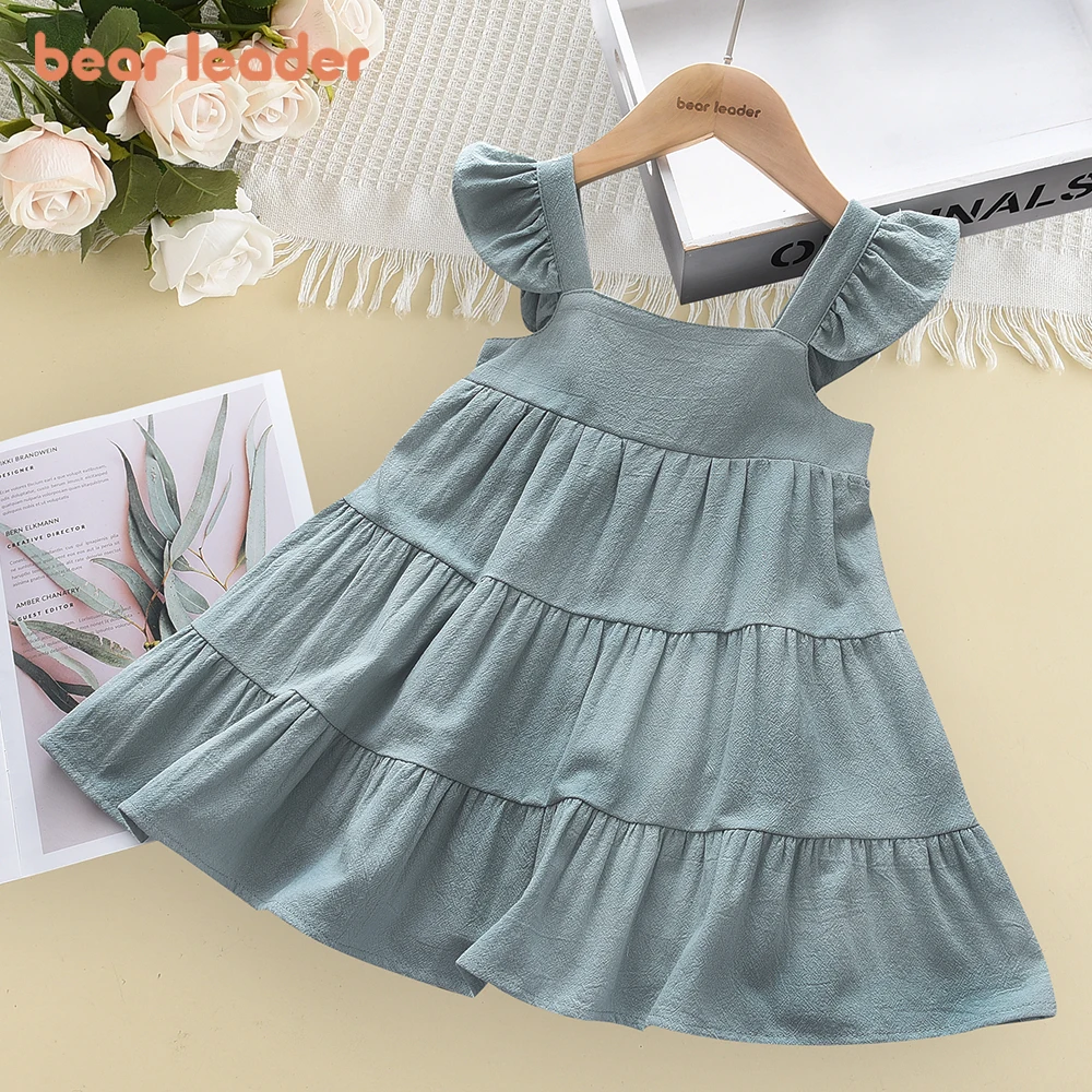 

Bear Leader/Новинка 2023 года; Сезон лето; Повседневная платье принцессы с оборками без рукавов для маленьких девочек; Милая однотонная детская одежда в Корейском стиле