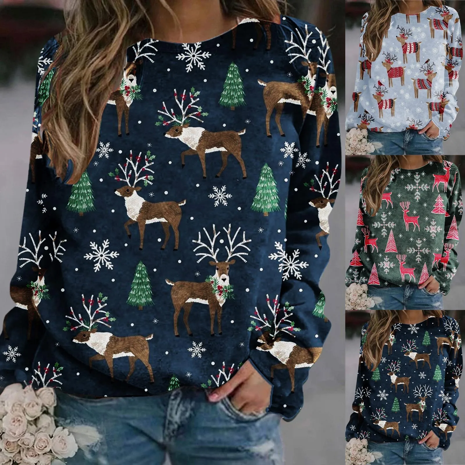 

Женские рождественские Свободные повседневные спортивные брюки с длинным рукавом и круглым вырезом