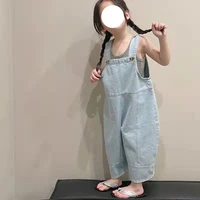 summer boutique kids dungaress cotton linen casual toddler girl denim jumpsuit all match fashion children loose solid overalls