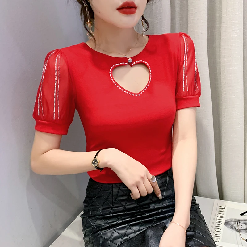 

Summer Women's T-Shirt Fashion Casual Short Sleeved Hollow Out Hot Drilling Mesh Tops M-3XL Plus Size Blusas