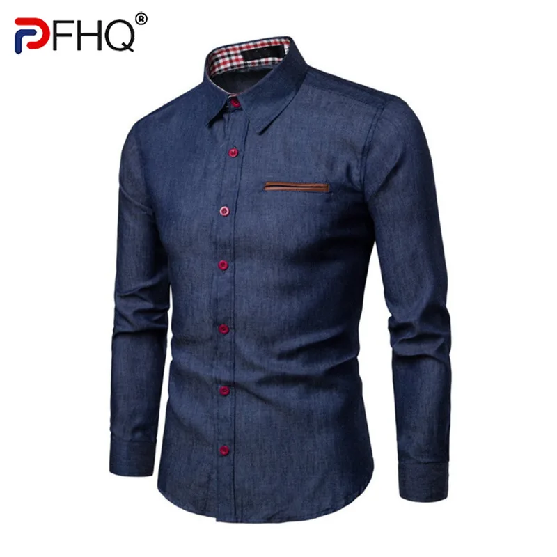 

Модная мужская джинсовая рубашка PFHQ 2023, оригинальные элегантные деловые повседневные топы, стильная женская рубашка с длинным рукавом, бес...