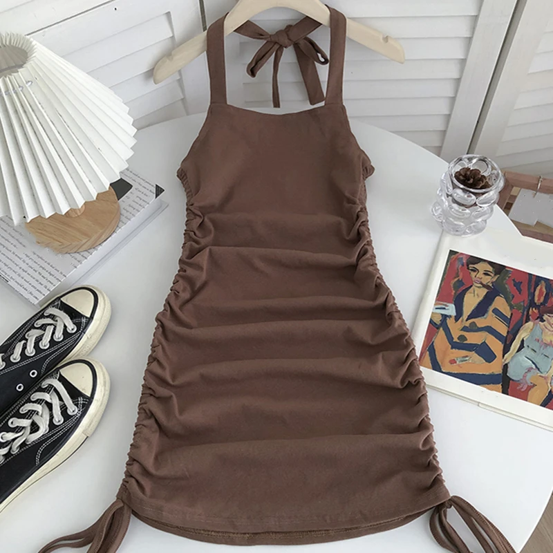 

Autumn Women Korean Halter Square Collar A-Line Dress Ladies Sleeve Less Camis Vest Dresses Sexy Drawstring Vestidos Female
