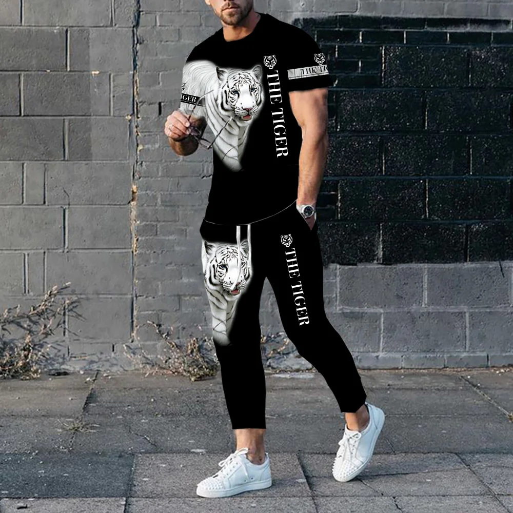 Summer Men Tracksuit Short Sleeve Trousers 3d Printed Lion T Shirt Long Pants 2 Piece Set Black Casual Streetwear Man Clothing