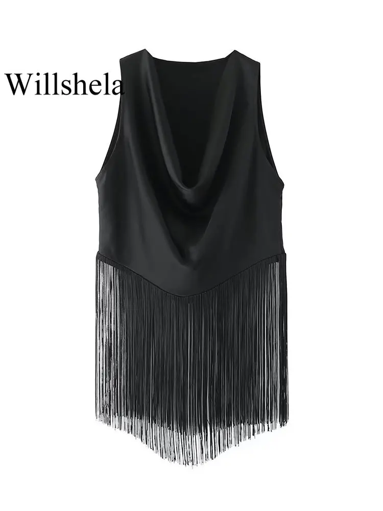 

Willshela Women Fashion Black Satin Texture Tank Tops Vintage O-Neck Whit Tassel Hem Sleeveless Female Chic Lady Tops