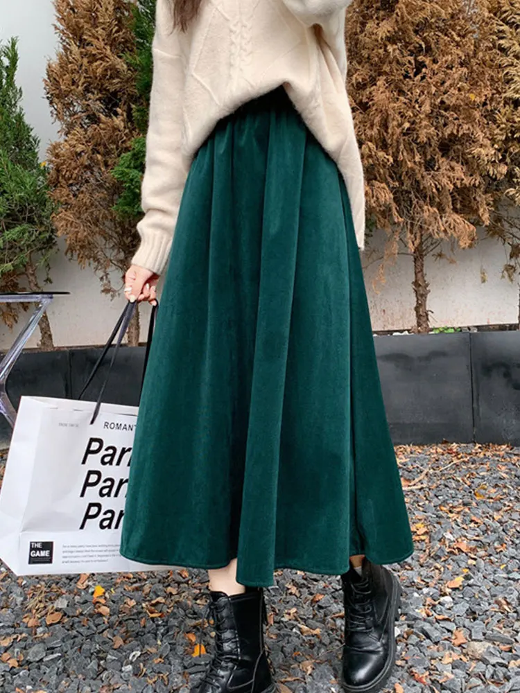 

Новинка 2022 Вельветовая юбка Женская осенне-зимняя винтажная элегантная однотонная длинная юбка миди Женская трапециевидная юбка средней д...