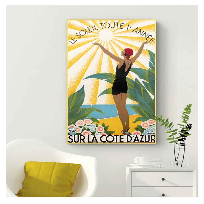 

Sur La Cote D' Azur France Print Vintage Travel Poster Colorful Wall Art Canvas Painting French Riviera Broders Home Wall Decor