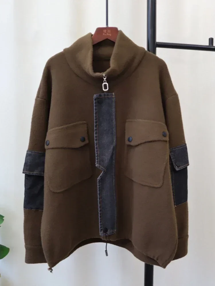 Осень-зима 2024 модный новый вязаный двухсторонний кардиган из денима на молнии