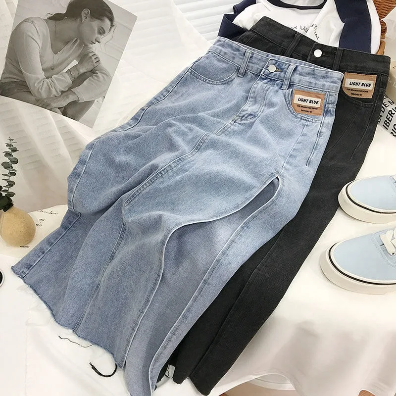 

Personalized Side Slit Denim Skirt Spring and Summer New Women's Student Ins Was Thin High Waist Cat Whisker A-Shaped Hip Skirt
