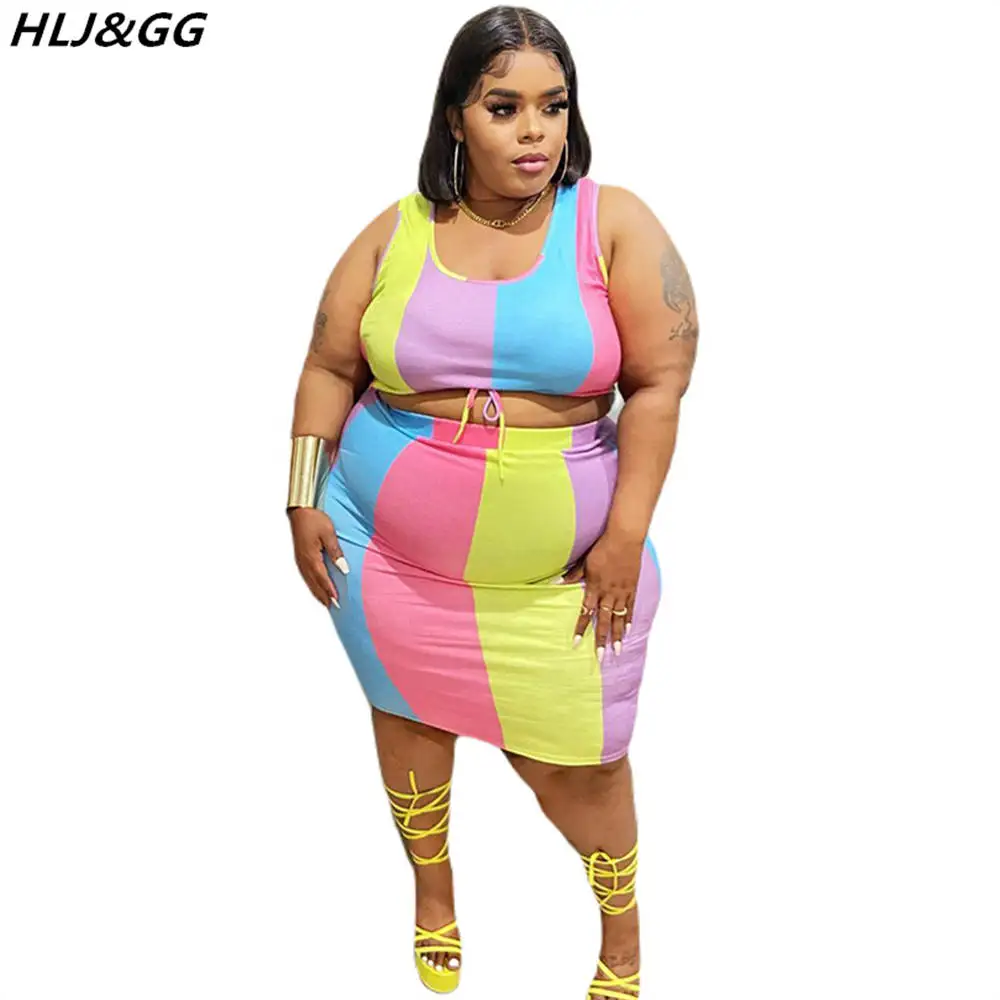 HLJ&GG Fashion Color Patchwork Skirt Two Piece Sets Women Sleeveless Roun Neck Vest And Skinny Skirt Outfits Plus Size Clothing