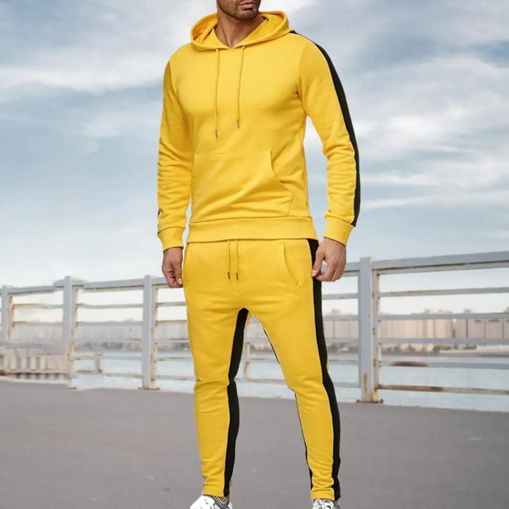 

Men Tracksuit 2Pcs/Set Classic Drawstring Shrinkable Cuffs Men Tracksuit Pockets Hooded Athletic Sweatsuit for Riding
