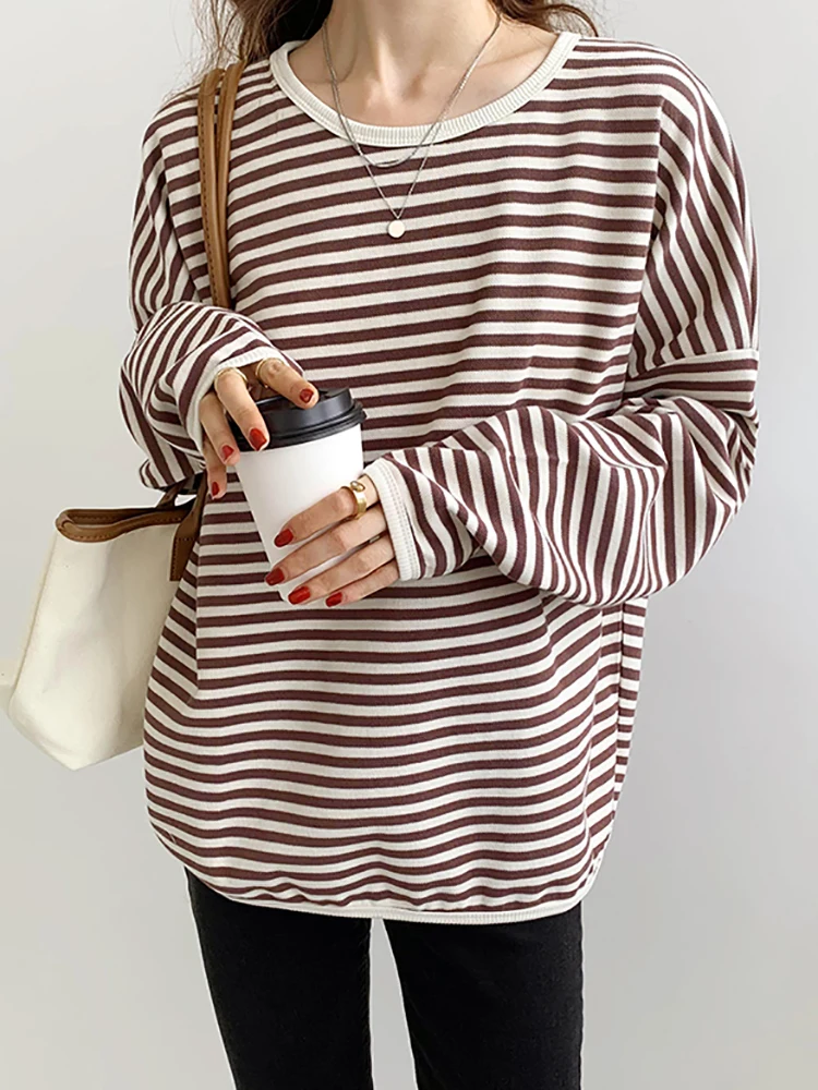 Купи AOSSVIAO 2022 Basic Striped T-shirt Women Multi Colors Casual Cotton Stretchy Long Sleeve Tops Tee Spring Autumn за 827 рублей в магазине AliExpress