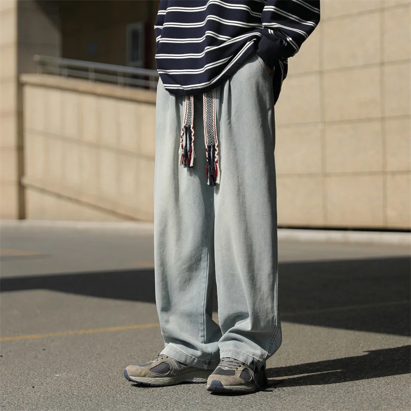 Oversized Jeans Men Fashion Drawstring Casual Wide Leg Jeans Mens Japanese Streetwear Hip Hop Loose Straight Denim Trousers Men
