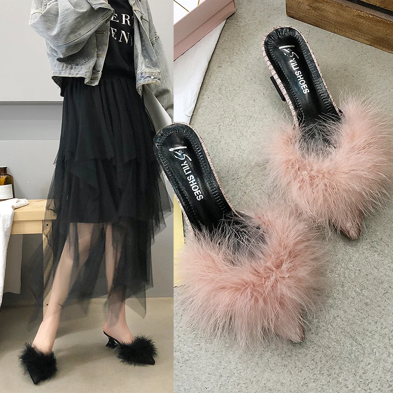 2020 new women's set toe-shaped non-slip high heels fashion rubber bottom elastic cloth summer shallow fur shoes