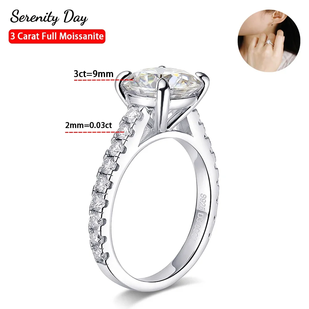 

Serenity Day Real D Color 9mm 3 Carat Full Moissanite Ring For Women 100% Sterling Silver Band Plate Pt950 Fine Jewelry Wholesal