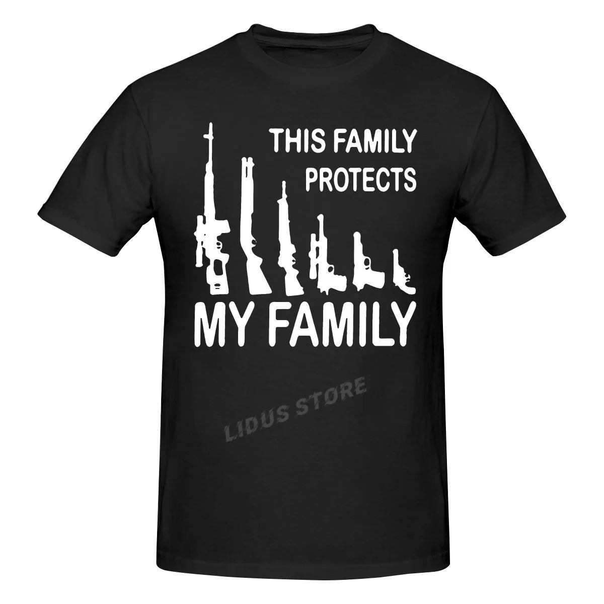 

Summer Men Short Sleeve Cotton Cartoon T-Shirt THIS FAMILY PROTECTS MY FAMILY Guns Weapons Funny Printed T Shirt Tops