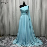Real Photo Light Blue Mother of Bride Dress One Shoulder Pleated Chiffon Long Saudi Arabic Prom Evening Gowns For Wedding Party