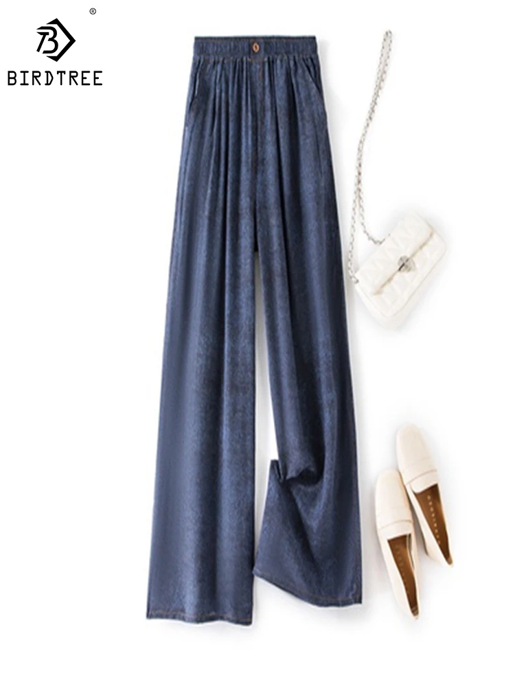 

Birdtree 2023 Women's Clothing Printing 100%Natural Mulberry Silk Pocket Casual Elastic Waist Wide Leg Pants Summer B37934QD