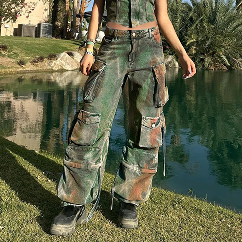 

Брюки-карго женские джинсовые мешковатые с карманами и высокой талией