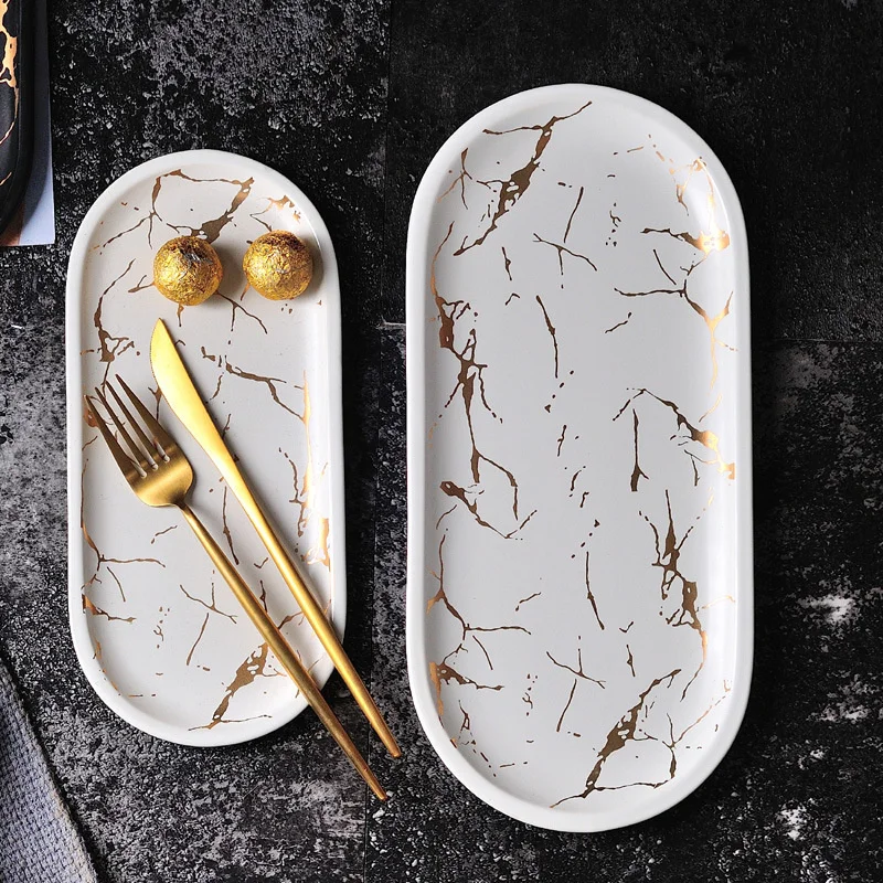 

Marble Ceramic Oval Plate Creative Dish Jewelry Storage Tray Cookware Porcelain Sushi Tableware Wholesale Fruit Pizza Plate